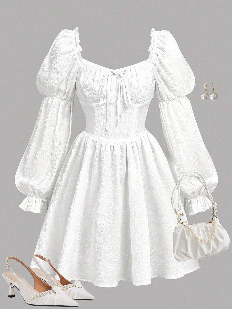 Girlism Tween Girls' Backless A-Line Puff Sleeve Dress/Halloween,Glowmode,Fall,Winter,Autumn/Activities/Autumn/Winter/Halloween,Glowmode,Fall,Christmas/Holiday/Festival/Winter - White - View 1