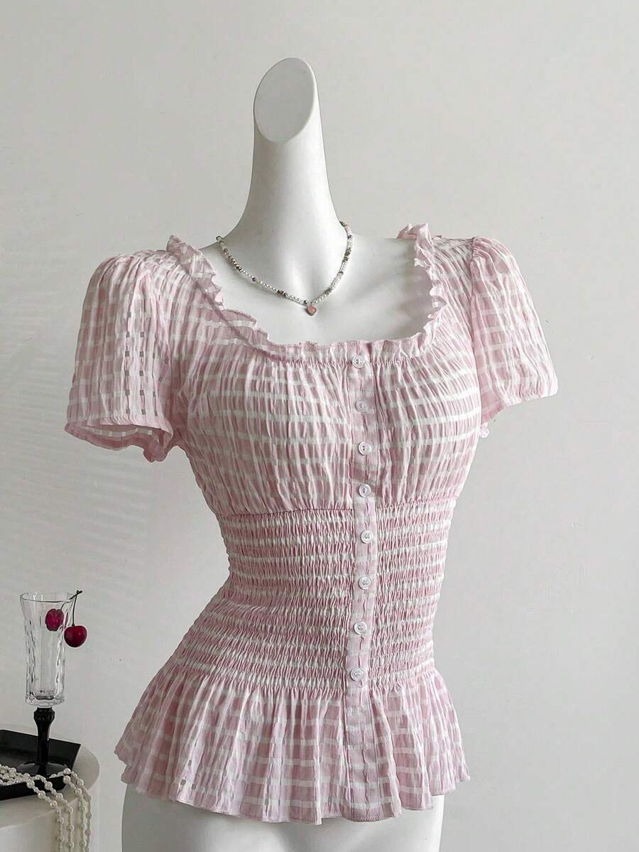 Sweetra Blusa de manga corta con efecto de cintura ceñida a rayas rosa, look dulce y juvenil para mujeres