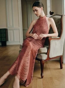 Anewsta 女式绷带流苏高领露背连衣裙，性感紧身修身派对礼服，优雅夏日装