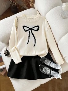 SHEIN Tween Girl Loose Casual Minimalist Comfortable Round Neck Long Sleeve Heart Pattern Sweater & Skirt Set,In Fall/Winter