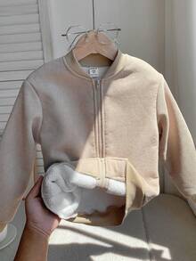 SHEIN 男童灯芯绒保暖内衬拉链棒球夹克，适合通勤、上学、休闲、运动、秋冬季穿着。男童灯芯绒夹克，幼儿夹克，秋季款。 - 杏色 - 查看 6