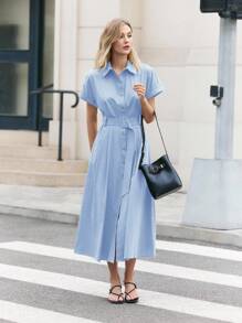 BizChic 蓝色翻领纽扣衬衫裙，现代优雅都市通勤日常浪漫90年代复古风，适合圣诞节、新年、情人节派对、海滩、毕业典礼、时尚、休闲、浪漫场合，也适合婚礼宾客、主人、约会、派对、音乐会、早午餐、机场等多种场合。 - 淺藍色 - 查看 7