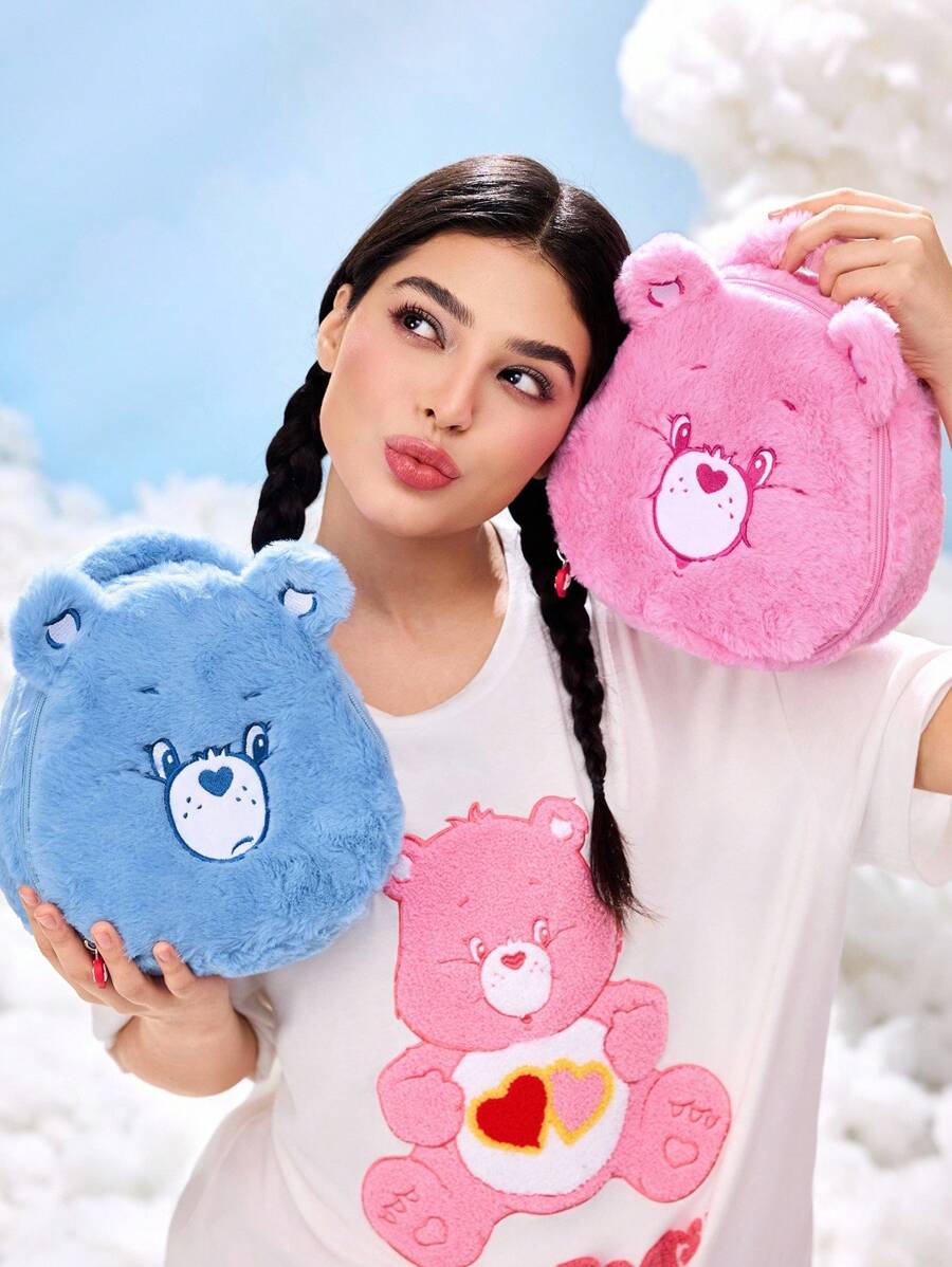 SHEIN X Care Bears 1 件可爱毛绒熊头造型化妆包，手提式，超大容量，可存放化妆品瓶和日常用品，适合女性和青少年，欢呼熊，熊