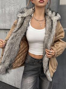 SHEIN ICON 女式毛绒衬里单排扣长袖休闲冬季夹克 - 棕色 - 查看 7