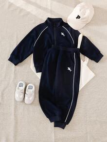 SHEIN Playful Pals Boys Casual Embroidered Contrast Stripe Zip-Up Top And Sweatpants Set, Autumn/Winter Fall