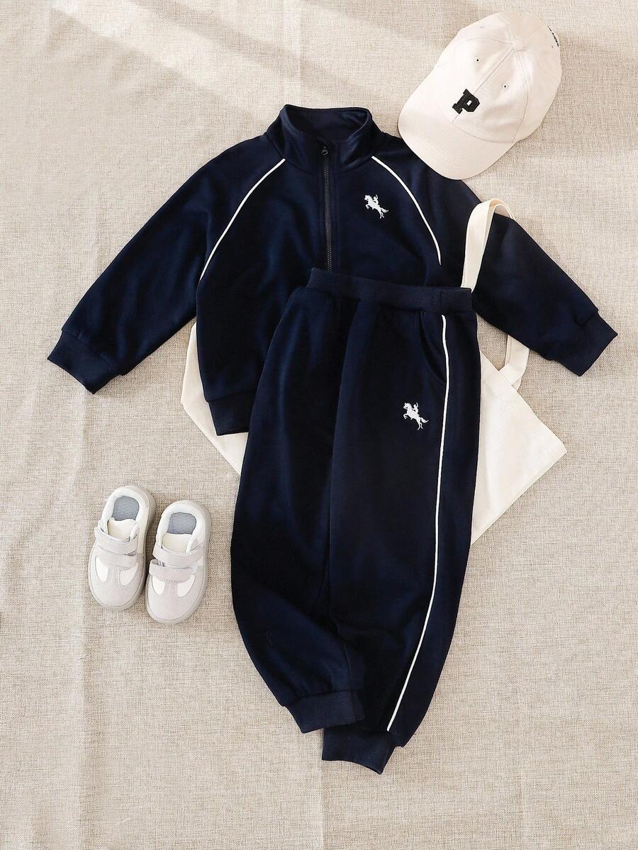 SHEIN Playful Pals Boys Casual Embroidered Contrast Stripe Zip-Up Top And Sweatpants Set, Autumn/Winter Fall