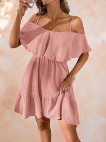 Amorya Women's Elegant Romantic Solid Green Textured Chiffon Fabric Off-Shoulder Ruffle Hem Camisole Dress, Spring/Summer Holiday