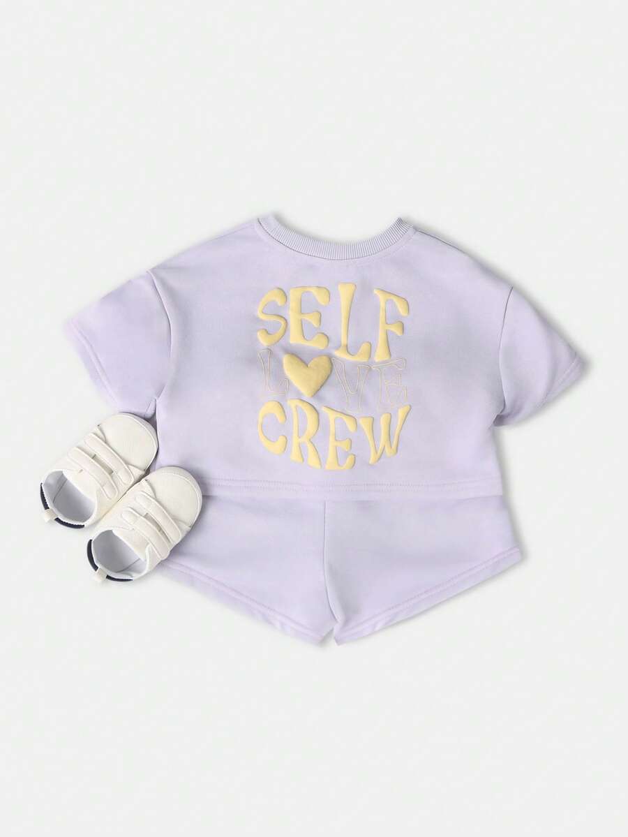 SUMWON Ensemble coordonné fille bébé avec amour de soi, t-shirt à manches courtes et Sweat-shirt oversize avec short assorti, imprimé cœurs, tenue d'été et de printemps - Prune - Voir 1