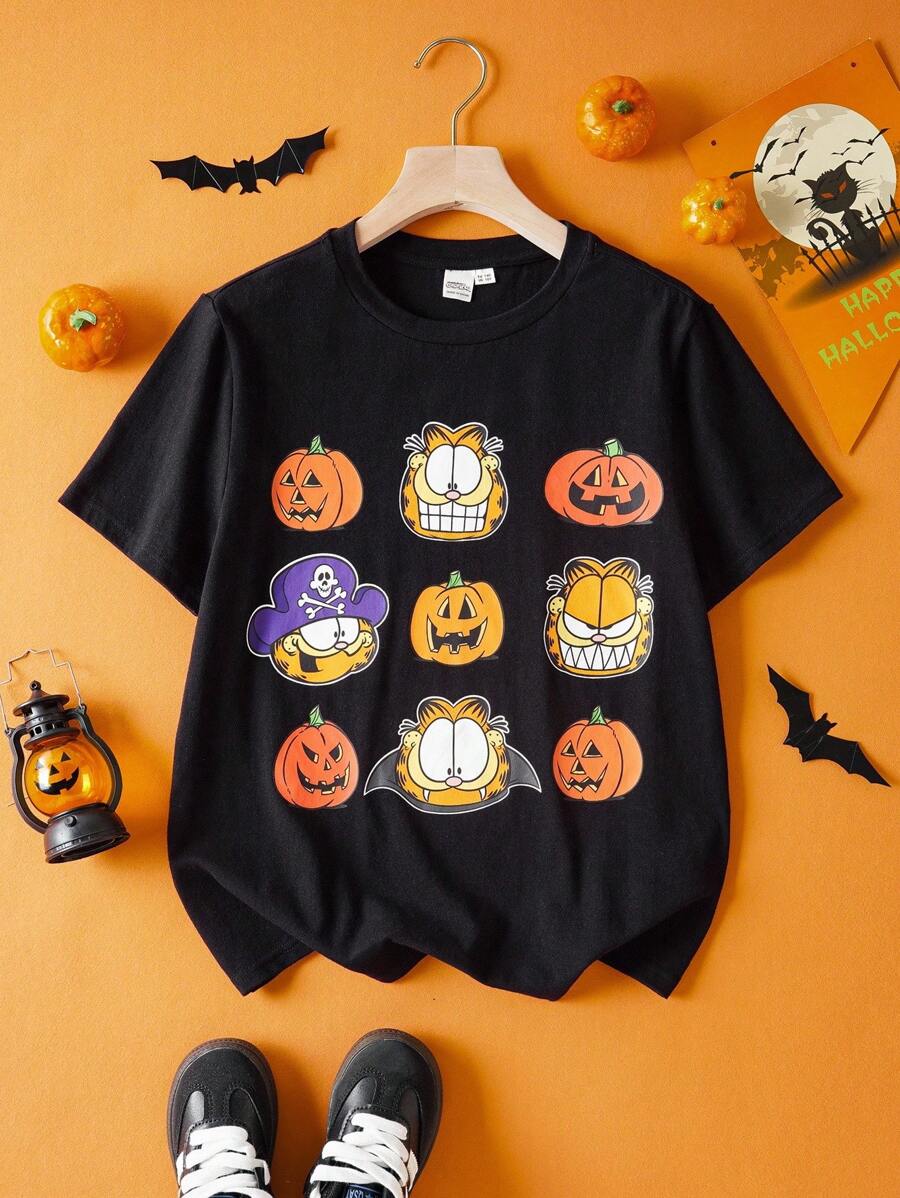 GARFIELD | SHEIN 青少年男孩卡通万圣节南瓜网格图案针织圆领短袖 T 恤 - 黑色 - 查看 1