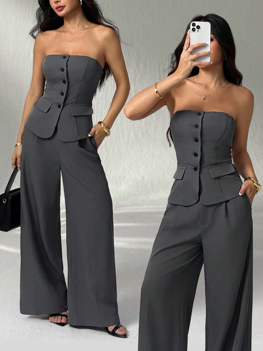 SHEIN PETITE 秋冬纯色修身吊带背心和优雅长裤套装 - 深灰色 - 查看 1