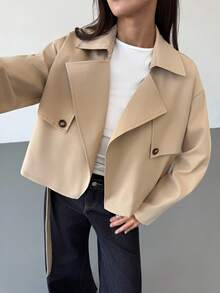 Aloruh Trench coat corto da donna con vita stretta, color cachi, versatile per l'autunno/inverno - Cachi - Visualizzare 5