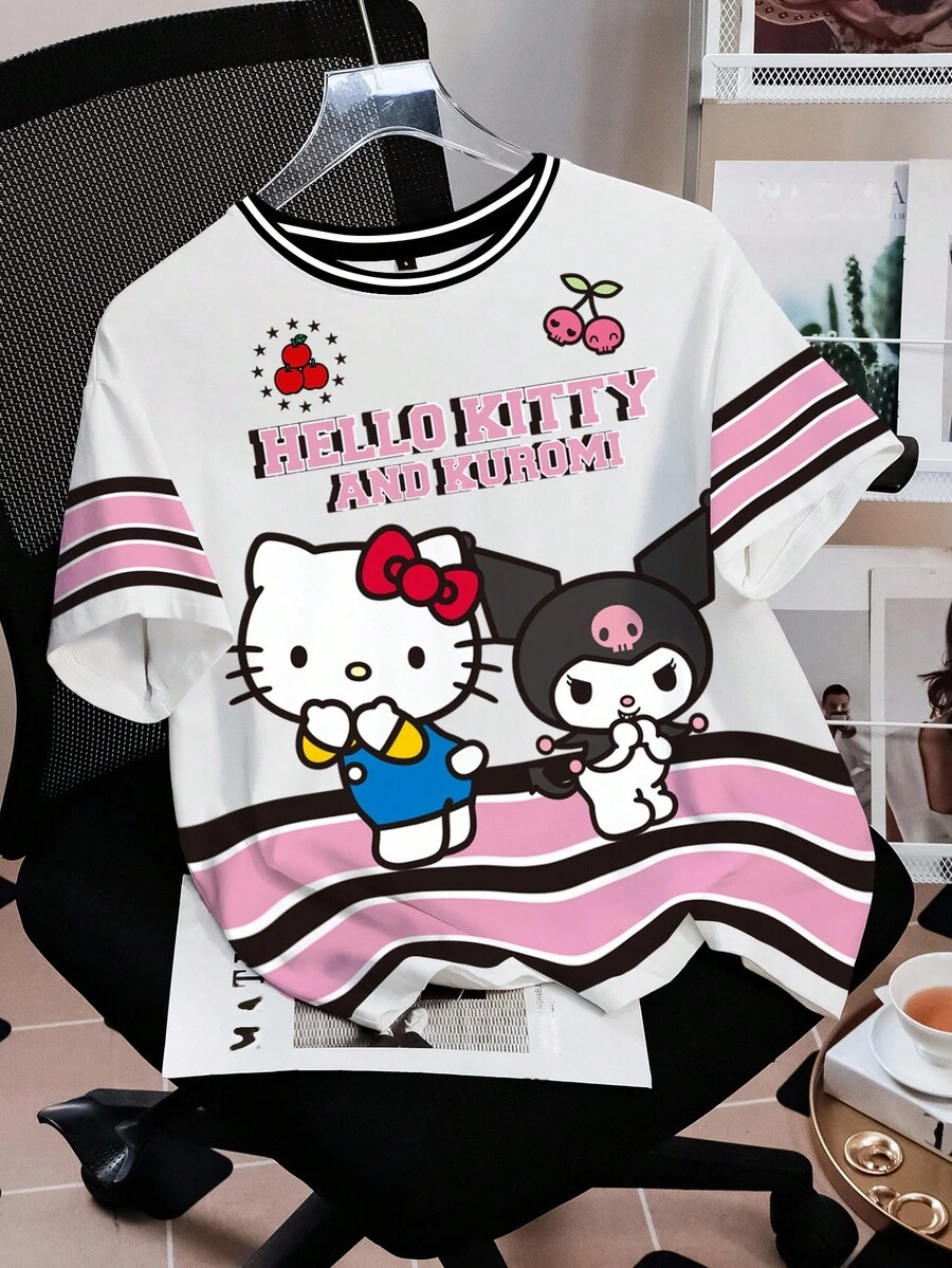 HELLO KITTY AND FRIENDS | SHEIN Women's Casual Cute Cartoon & Letter Graphic Contrast Striped Short Sleeve T-Shirt, Summer