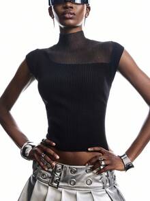 LYSMO 女士纯色罗纹立领短袖修身时尚上衣，适合外出、返校、毕业典礼、街头风、朋克风、Y2K风和斯德哥尔摩风派对穿着，2025新款极简主义秋季款 - 黑色 - 查看 3