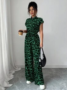 Chiquease Women's Elegant Stand Collar Open Front Short Sleeve Cinched Waist Wide Leg Jumpsuit Leopard Print Jumpsuit Green Jumpsuit Casual Jumpsuit Women Jumpsuit Green Leopard Jumpsuit