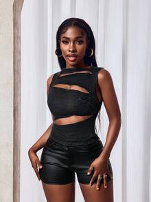 Slaydiva Damen Sexy Ärmelloses Cut-Out Denim Top, Sommer - Dunkelgrau - Übersicht 6