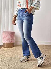 EMERY ROSE Quần Jeans Nữ Ống Loe Túi Đa Năng Thường Ngày - Màu xanh lam - Xem 1