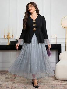 Modelyn 大码亮片装饰长袖上衣和裙子两件套 - 黑色 - 查看 4