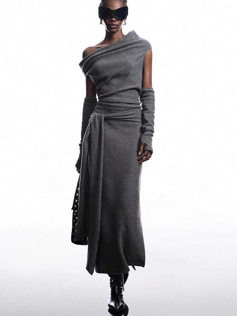 LYSMO 女士优雅纯色不对称领口连衣裙 - 摩卡棕 - 查看 1