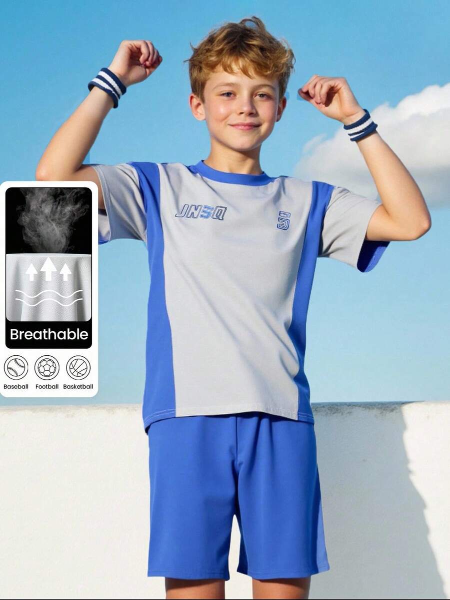 JNSQ Back To School Outdoor Sports Jersey Shorts Set, Kids Round Neck Contrast Color Patchwork Funny Letter Print Graphic Outdoor Sports Short Sleeve T-Shirt Set - Blue - View 1
