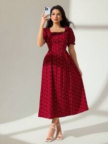 Modelyn 女士方领荷叶边腰短款泡泡袖波点中长连衣裙，酒红色 - 酒紅色 - 查看 6