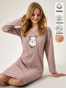 EURMUSE Damen Große Größen Baumwolle Rippstrick Kontrast Bindung mit süßer Tier Stickerei Detail Langarm Schlaf Pyjama Kleid