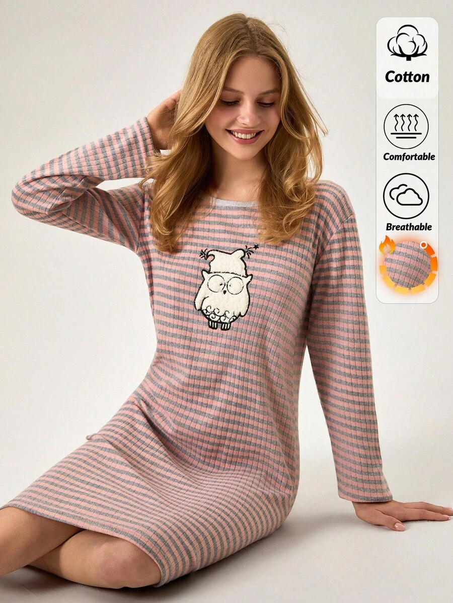 EURMUSE Damen Große Größen Baumwolle Rippstrick Kontrast Bindung mit süßer Tier Stickerei Detail Langarm Schlaf Pyjama Kleid