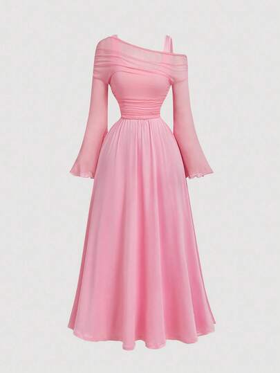SHEIN MOD Pink Off-Shoulder Mesh 2in1 Trumpet Sleeve Long Sleeve Women's Dress,Western,Vintage,70s,The Bachelorette