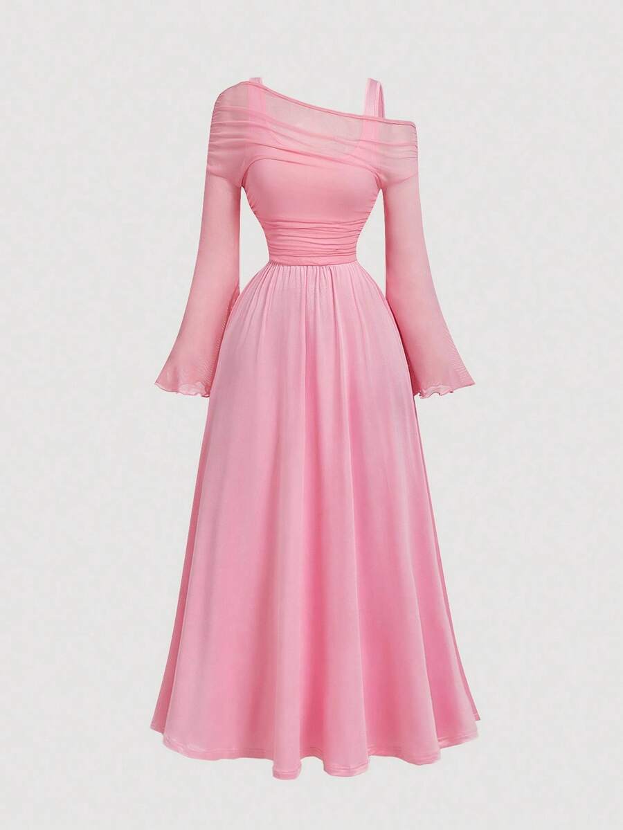 SHEIN MOD 粉色露肩网眼二合一喇叭袖长袖女式连衣裙，西部风、复古风、70 年代风、单身女郎风 - 粉色 - 查看 1