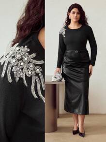 MOTF PREMIUM 大码人造珍珠和亮片串珠细节长袖修身T恤 - 黑色 - 查看 7