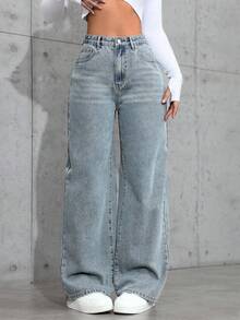 SHEIN PETITE 女士高腰口袋阔腿宽松休闲百搭牛仔裤 - 藍色 - 查看 6