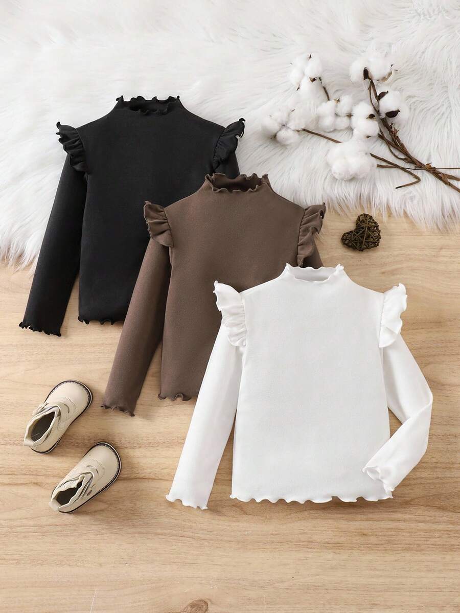 SHEIN Young Girl Solid Color Knit Long Sleeve T-Shirt, Cute & Versatile, Autumn/Winter Fall - Brown - View 1