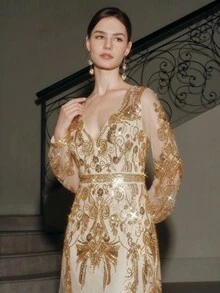 Anewsta 女式长袖深V领亮片串珠透视奢华派对晚礼服 - 金色 - 查看 3