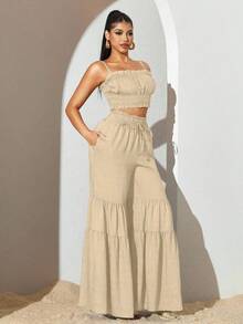 Sirith Conjunto de 2 piezas de camiseta de tirantes con volantes y pantalones anchos de patchwork de unicolor para mujer, conjunto de verano, traje casual de mujer, ropa de vacaciones de verano