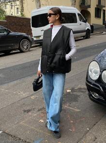 DAZY Women's Padded Vest Jacket, New Fashion Loose V-Neck Solid Color Casual Street Side Pocket Thickened Waistcoat Winter Leather Jacket - Black - View 3