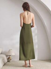 Ocili 女士缎面简约吊带柔软睡袍 - 墨綠色 - 查看 3