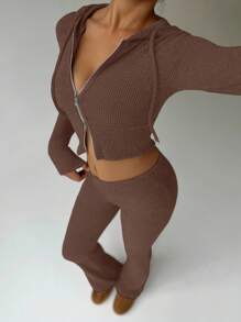 FavEase Áo nỉ có mũ trùm đầu dệt kim họa tiết lông cừu màu mơ có khóa kéo phía trước và quần dài ống loe cổ điển, Bộ trang phục thể thao giản dị tối giản phù hợp cho tủ đồ mùa xuân thu dành cho nữ - Cà phê nâu - Xem 5