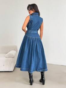 EURMUSE Váy denim cài nút phía trước cho nữ - Rửa trung bình - Xem 2