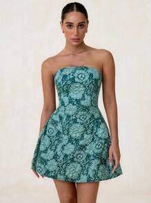 Glamine Gramin 女装粉色浪漫编织纹理立体花朵纹理露肩露背大蝴蝶结装饰可拆卸迷你抹胸A字下摆吊带连衣裙情人节爱情/恋人浪漫度假约会浪漫花朵面料