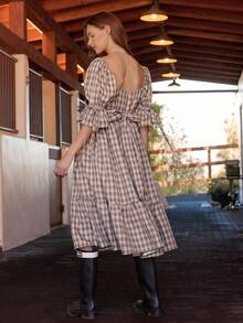 WESTFADE 格子方领泡泡袖蝴蝶结后背层叠荷叶边中长连衣裙秋季女式乡村音乐会服装 - 咖啡棕 - 查看 2