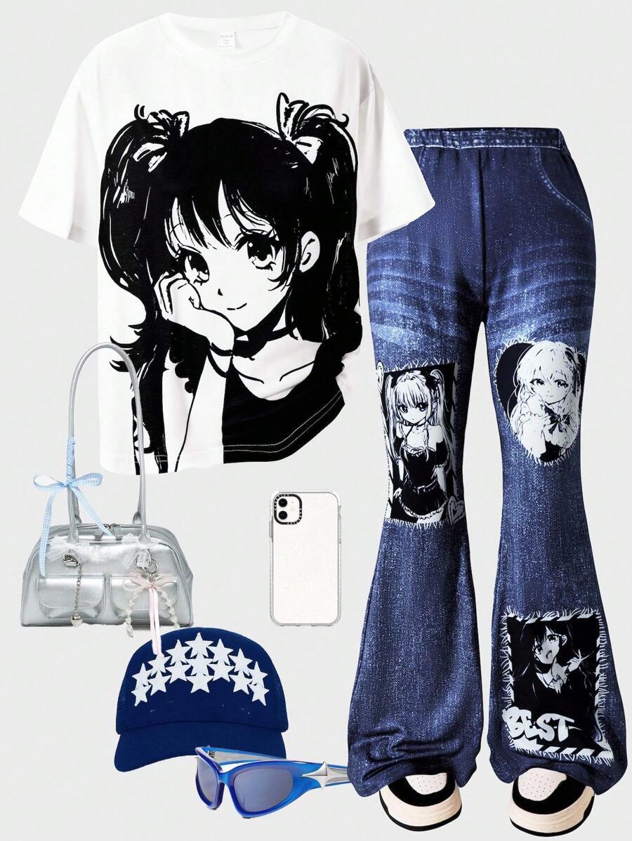 2pcs/Set Cartoon Girl Print Casual Minimalist Short Sleeve Top And Pants For Teen Girls - White - View 1
