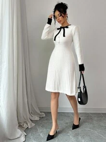 Selianne 1pc High Waist Apricot Colorblock Knitted Long Sleeve Dress With Black Bowknot , Round Neck, Autumn/Winter Fall Cloth For Women - Multicolor - View 5