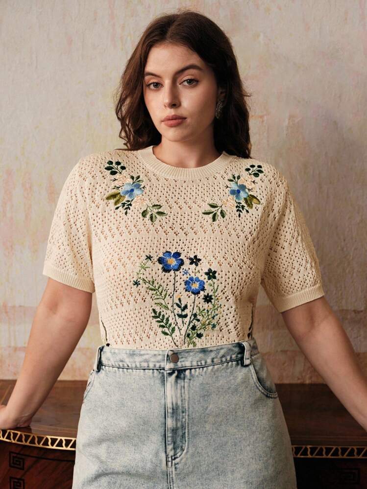 Anewsta Premium Vintage Embroidered Crew Neck Short Sleeve T-Shirt - Apricot - View 4