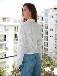 SHEIN LUNE Camicetta a maniche lunghe con scollo a V e pois bianchi, adatta per primavera/estate - Bianco - Visualizzare 3