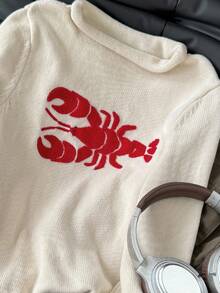 Elamini 女款 Y2K 休闲宽松卷边针织毛衣，饰龙虾刺绣图案