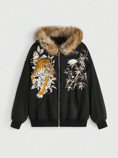 Grunge Punk Sweat-shirt à capuche en polaire ample avec ourlet effiloché, style vintage de rue, avec broderie chinoise de tigre et de fleurs