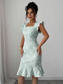 Elenzga 方领荷叶边提花连衣裙 - 薄荷綠 - 查看 6