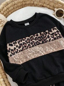 女婴可爱拼色豹纹卫衣和裤子套装，秋冬 - 彩色 - 查看 8