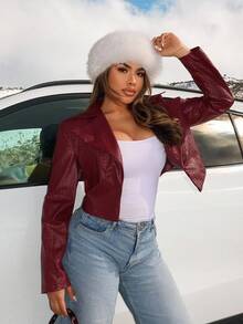 Zolique Einfarbige, locker geschnittene Jacke mit Kragen und Karomuster aus PU-Material