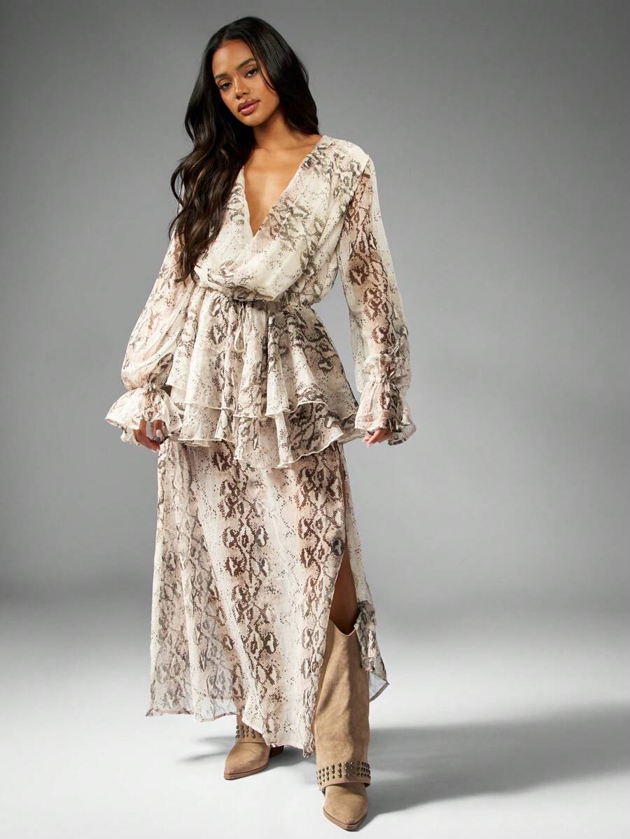 MISSGUIDED Snake Print Ruffle Waist Maxi Dress Long Sleeve V Neck Party Evening Wedding Guest Boho Chic Elegant Fall Winter Dress,S