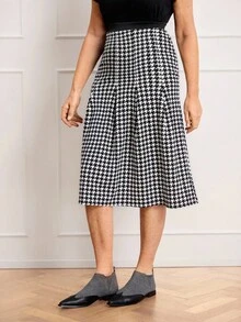 SHEIN LUNE Women Houndstooth Pleated Skirt, Elegant Autumn Valentine's Day New Years Women Spring - Black and White - View 6